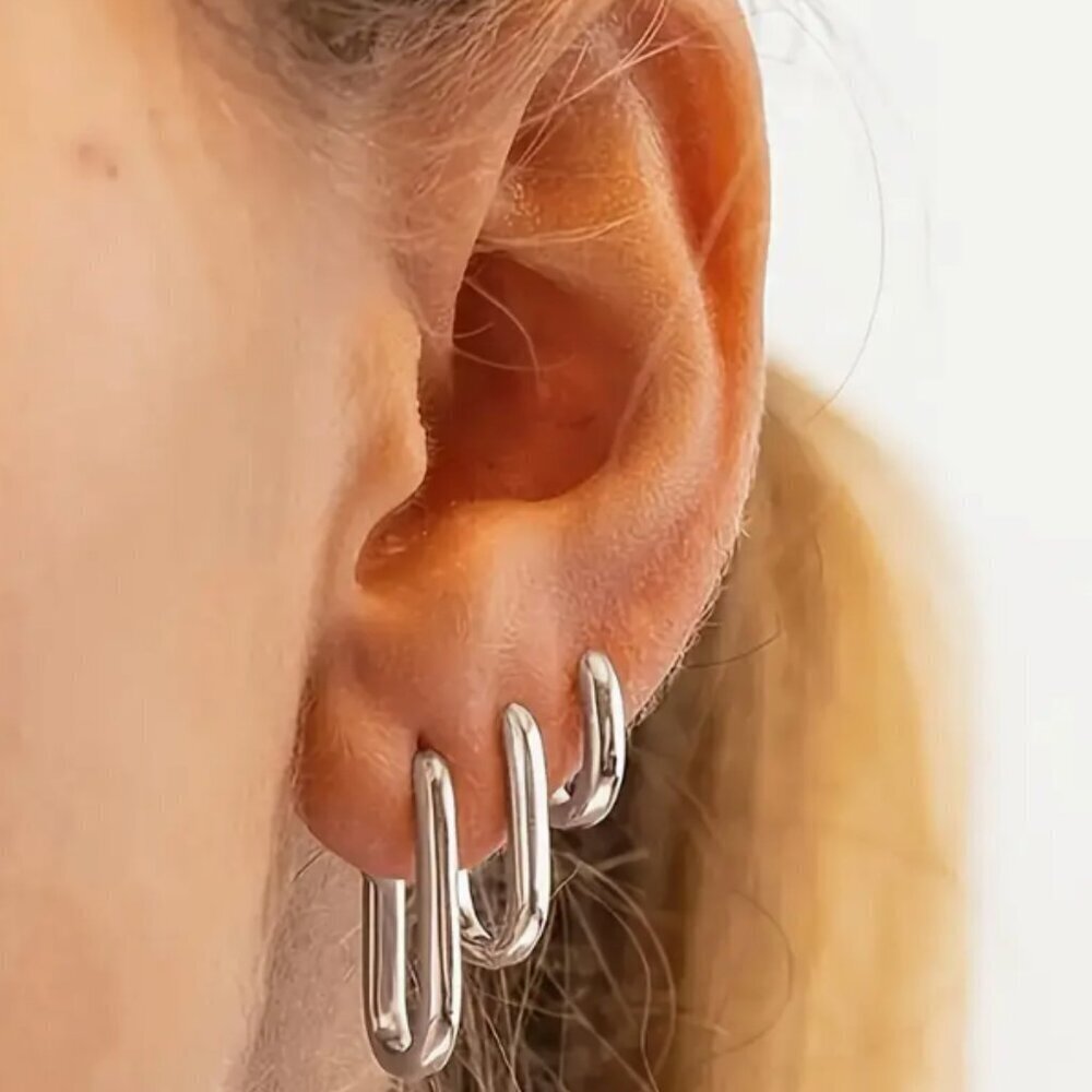 Stainless Steel - 3 Pair Squoval Hoop Bundle - Lever Clicker Back
